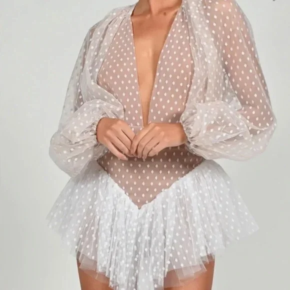 NWT The Dolls House Polka Dot Sheer Sleeve Bodysuit - Tan and White - Picture 2 of 12